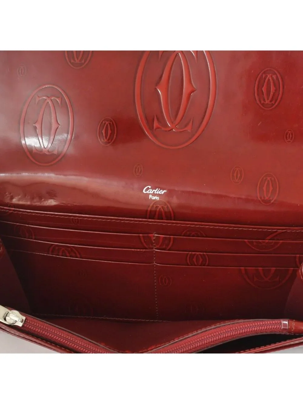 Cartier Wallet Double C Bordeaux Patent Leather Silver